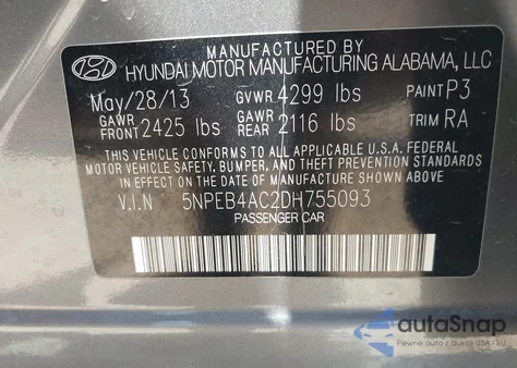 2013 Hyundai Sonata Gls из США, поврежденный, VIN 5NPEB4AC2DH755093